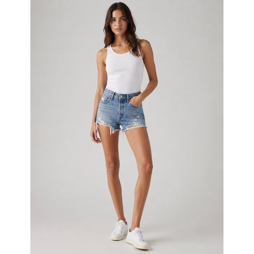 Levis Premium 501 Shorts Button Fly 28 Light Wash Distressed Denim Cutoff‎